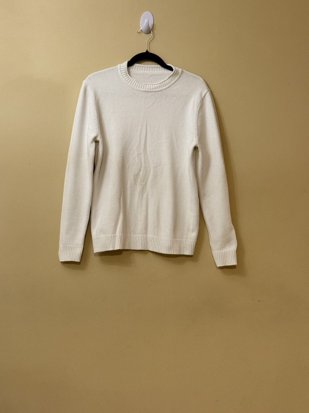 Clean Girl Minimalist Cream Knit Crewneck Sweater Ivory Pullover Top Size S/M